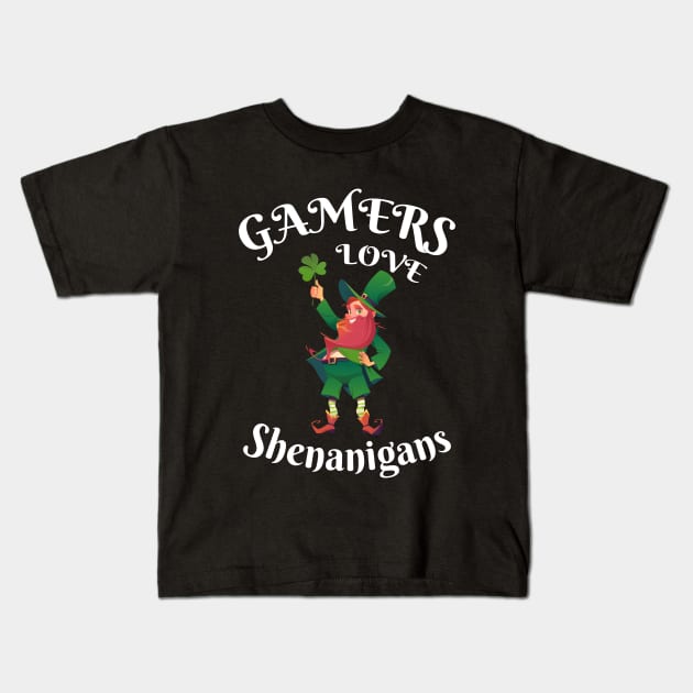 Video Gamers Love Shenanigans Funny St Patrick's Day Kids T-Shirt by ZimBom Designer
